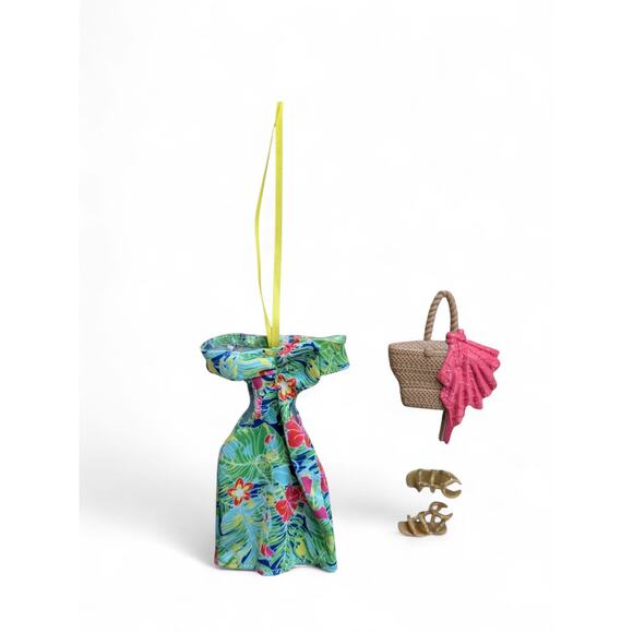 Barbie Doll Outfit Green Floral Dress Pink Brown Handbag and Gold Sandals - Picture 1 of 3